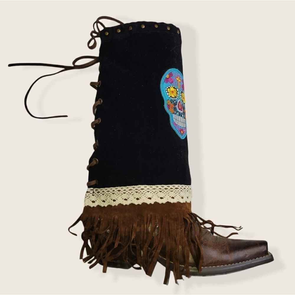 NWT Sugar Skull Women's Black Western Cowboy Fringe‎ Boot Covers  Adjustable - Picture 4 of 6